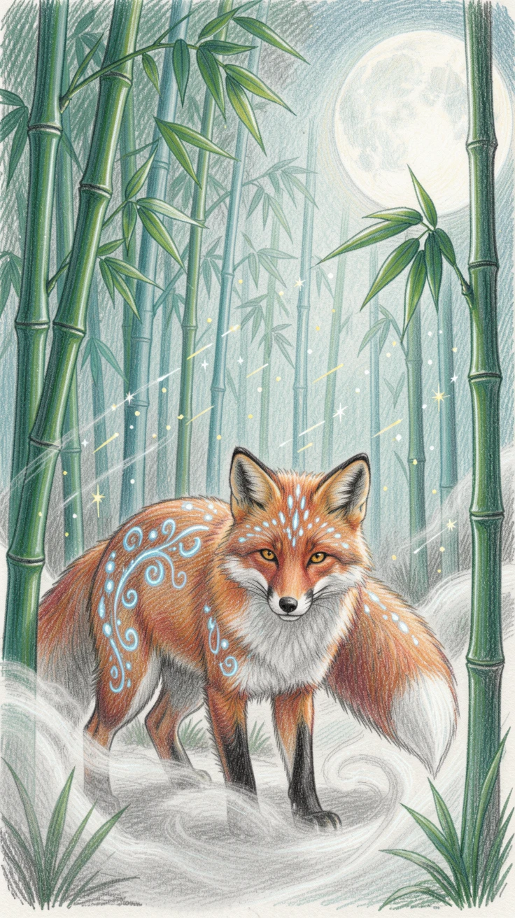 A fox spirit with glowing markings wandering through a moonlit bamboo grove, surrounded by swirling mist and drifting sparkles of light, designed to feel enchanting, dreamy, and otherworldly.