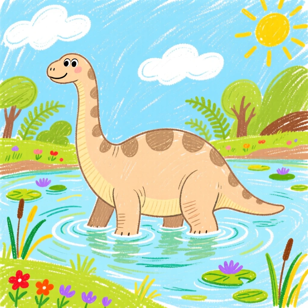 A gentle Apatosaurus wading through a shallow prehistoric lake.