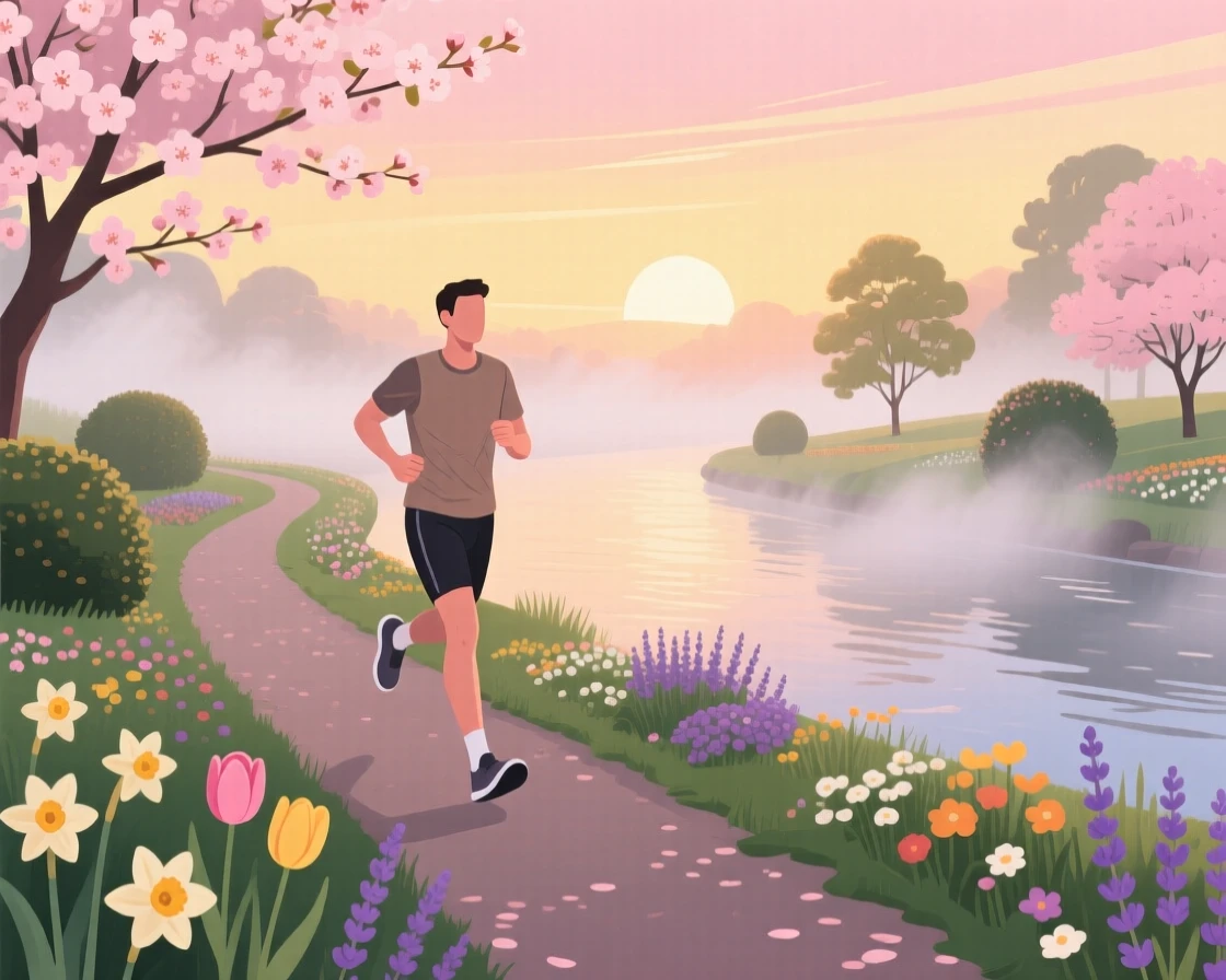 A runner jogging along a misty riverside path at sunrise, in a peaceful garden filled with seasonal flowers, arranged with balanced framing that feels warm and inviting, with a sense of warmth and togetherness in every detail.