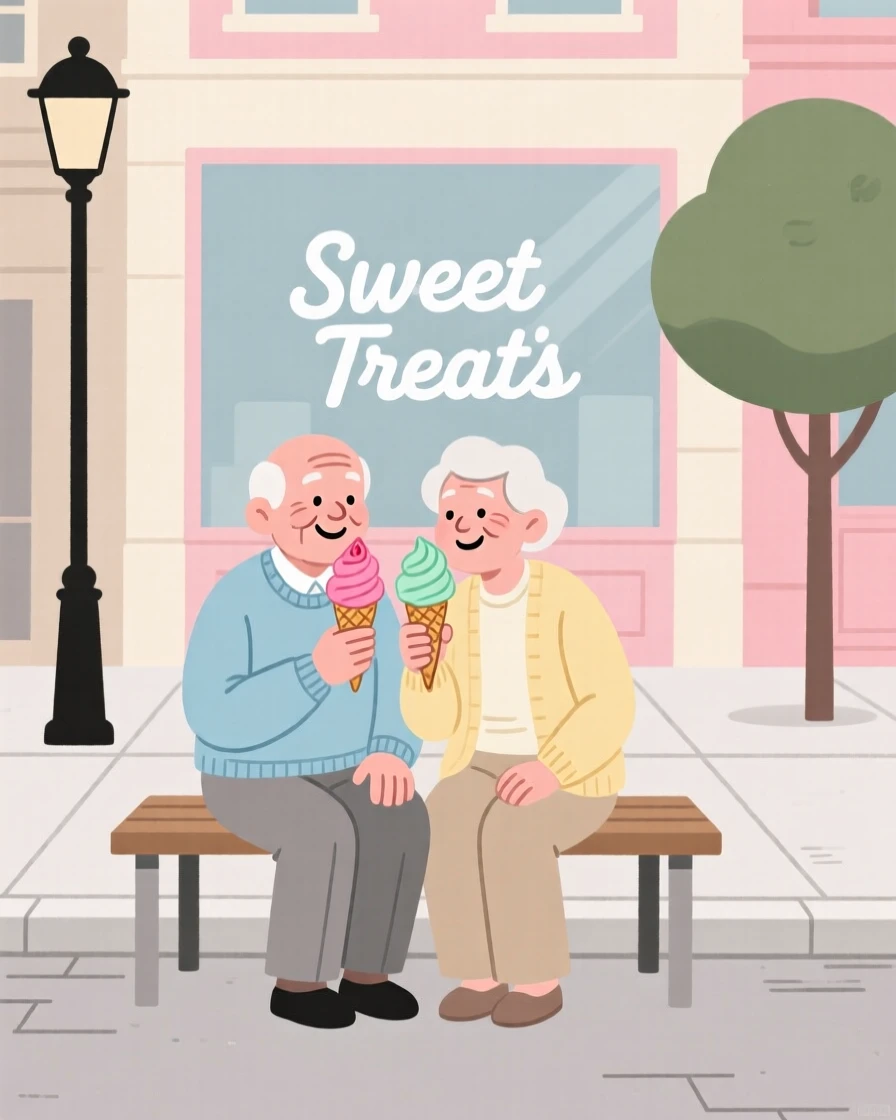 An elderly friends enjoying an ice cream cone on a quiet weekday morning in the city.