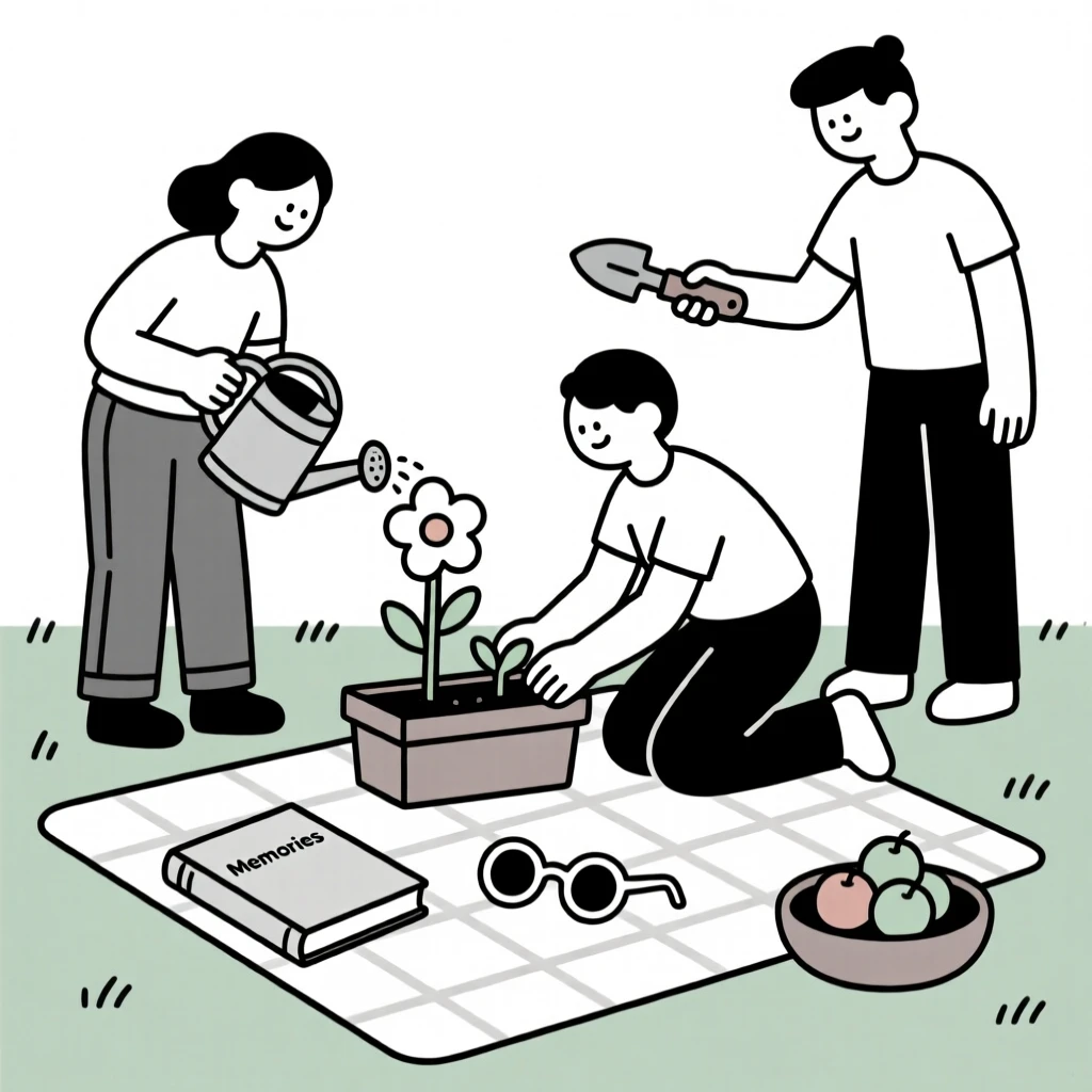 A portrait of a group of friends tending to a garden near a woven picnic blanket, filled with shared belonging.