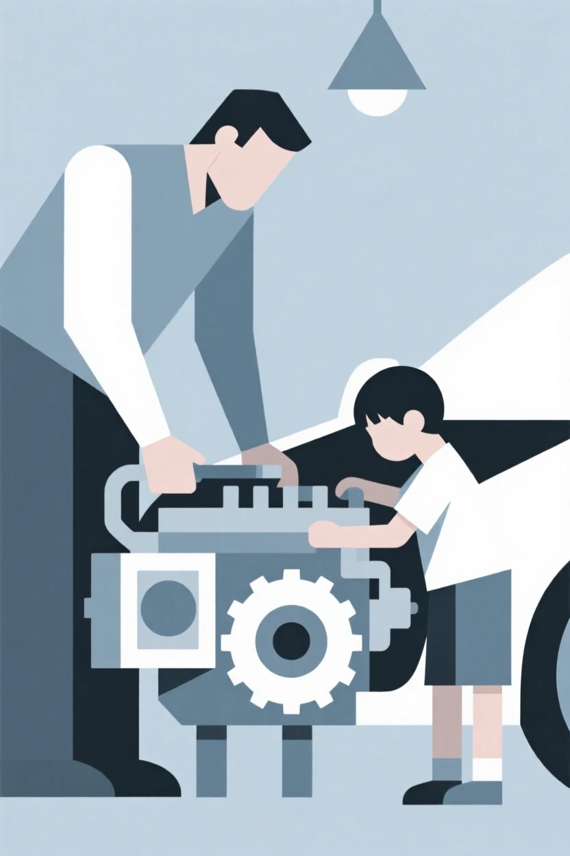 A father and son working on a car engine