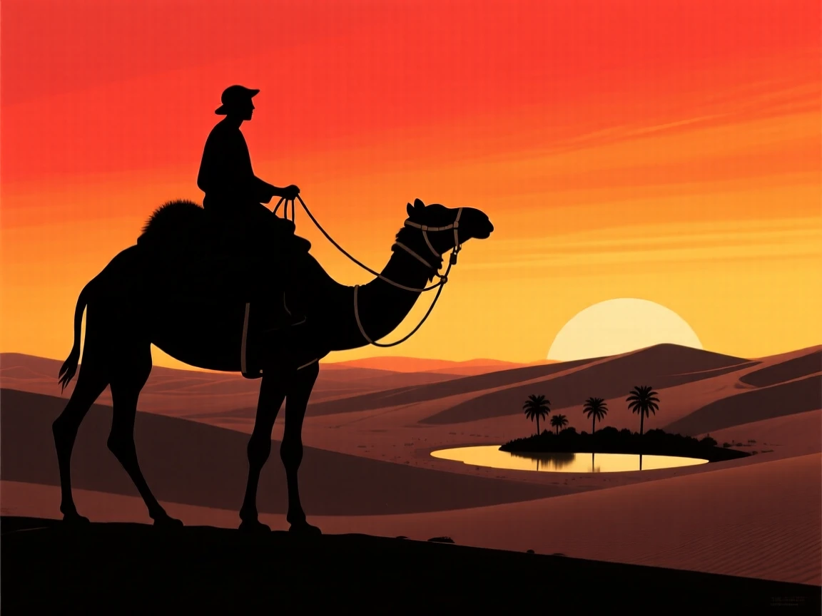 A traveler riding a camel across tall dunes toward a distant oasis.