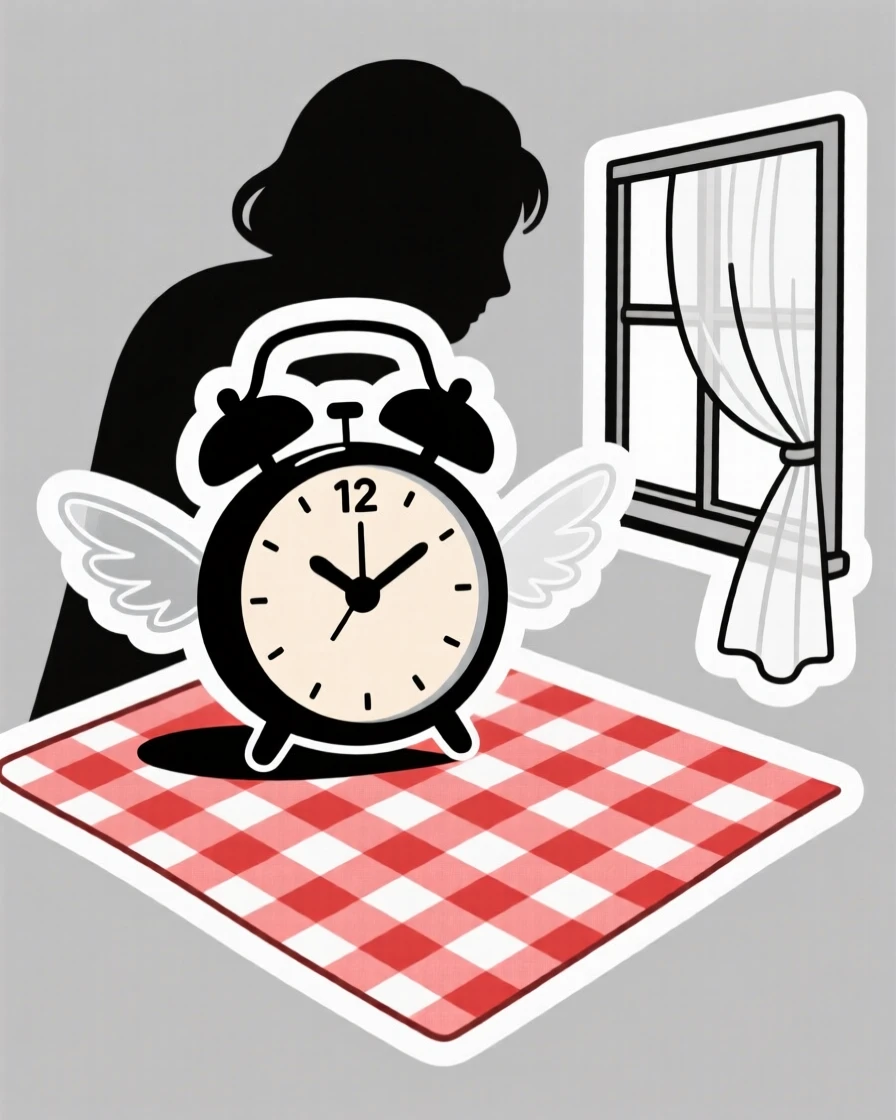 A comforting alarm clock with tiny wings, resting atop a checkered picnic cloth, next to an open window with sheer curtains.