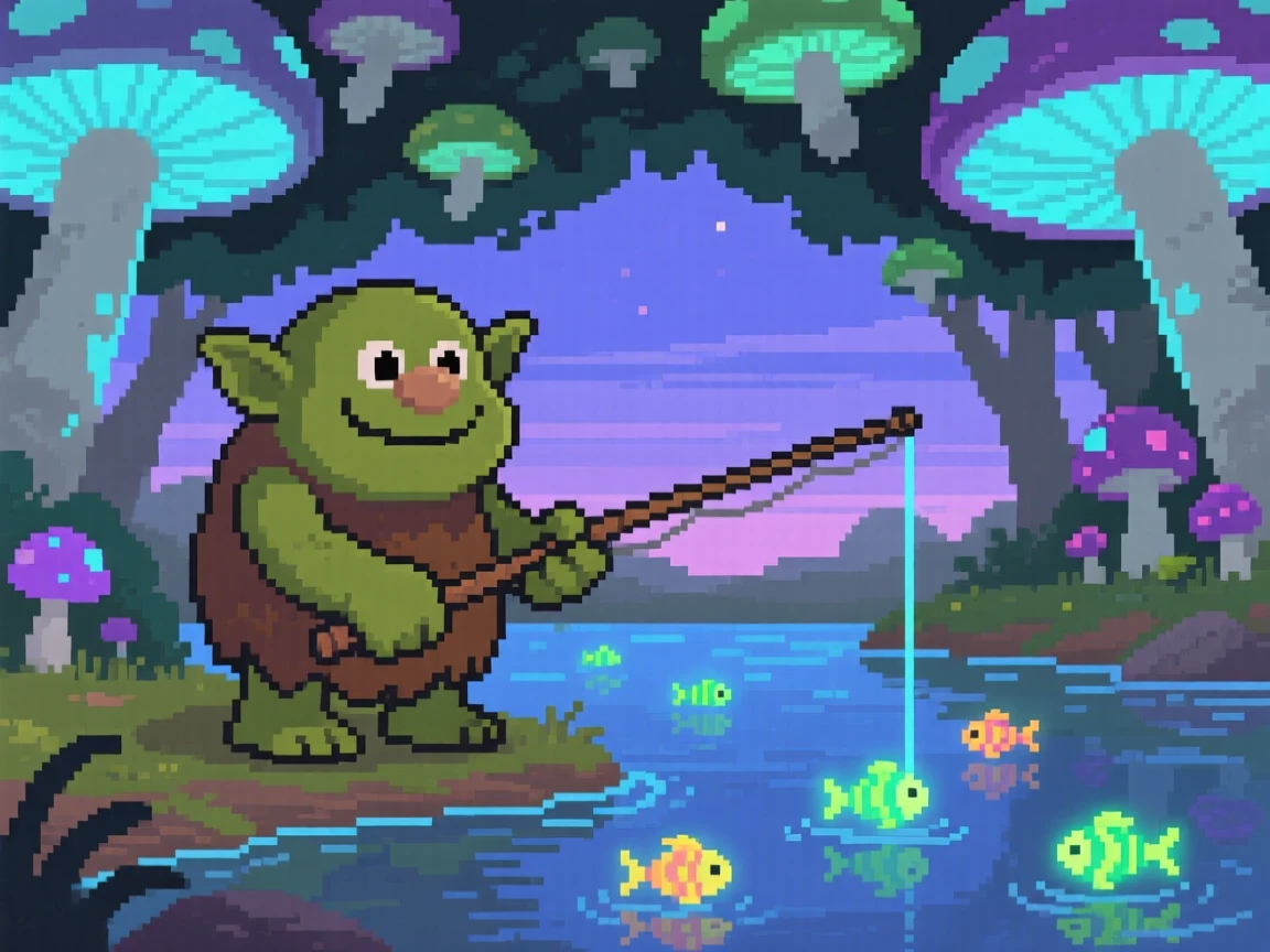 A friendly forest troll fishing for glowing river fish at twilight, beneath a canopy of glowing mushrooms.