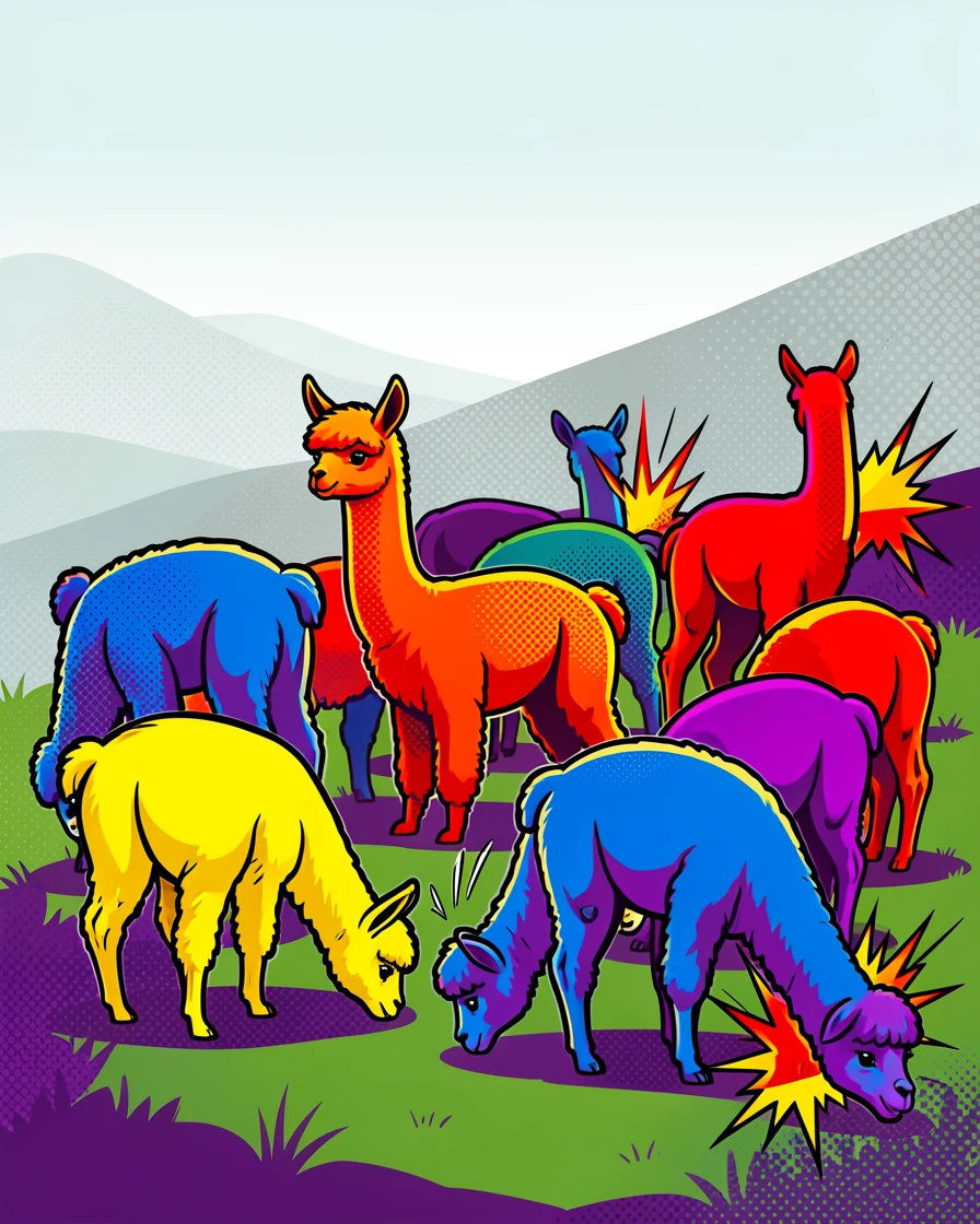 A herd of alpacas grazing on a misty hillside