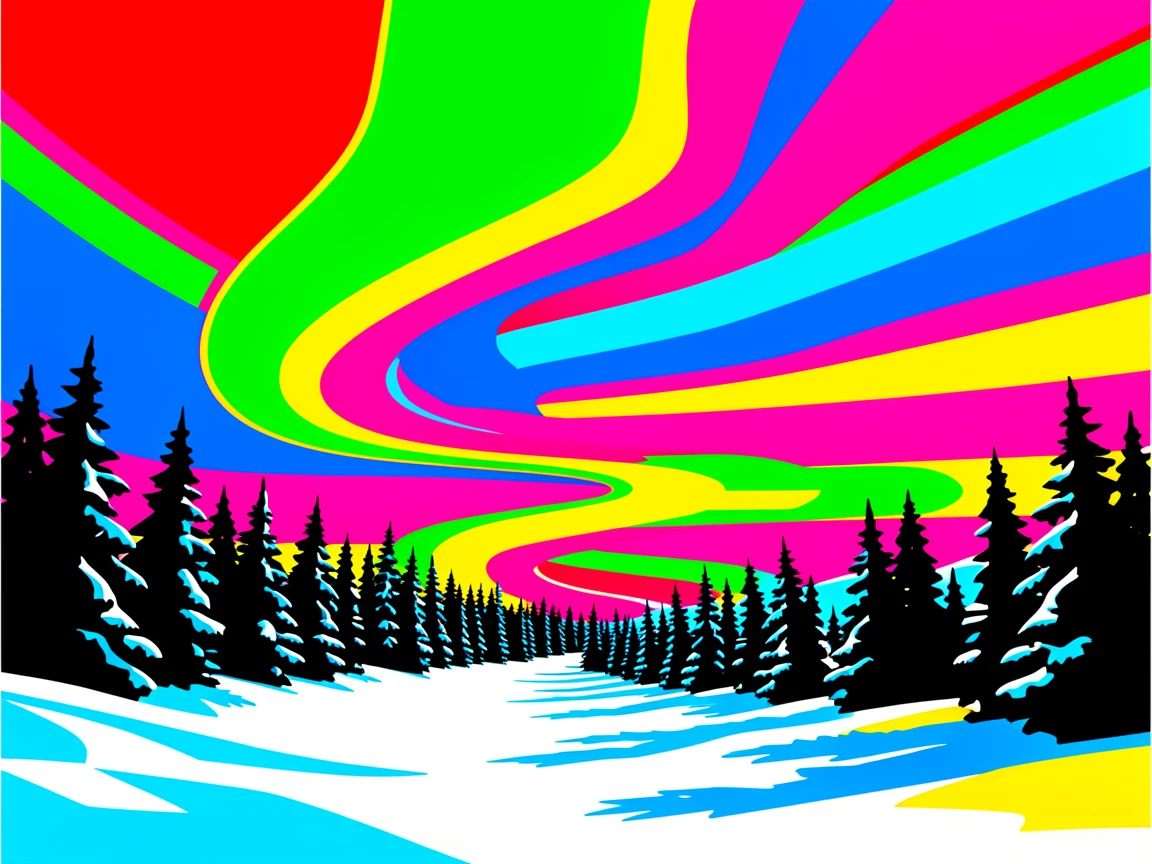 Northern lights dancing over a snowy forest