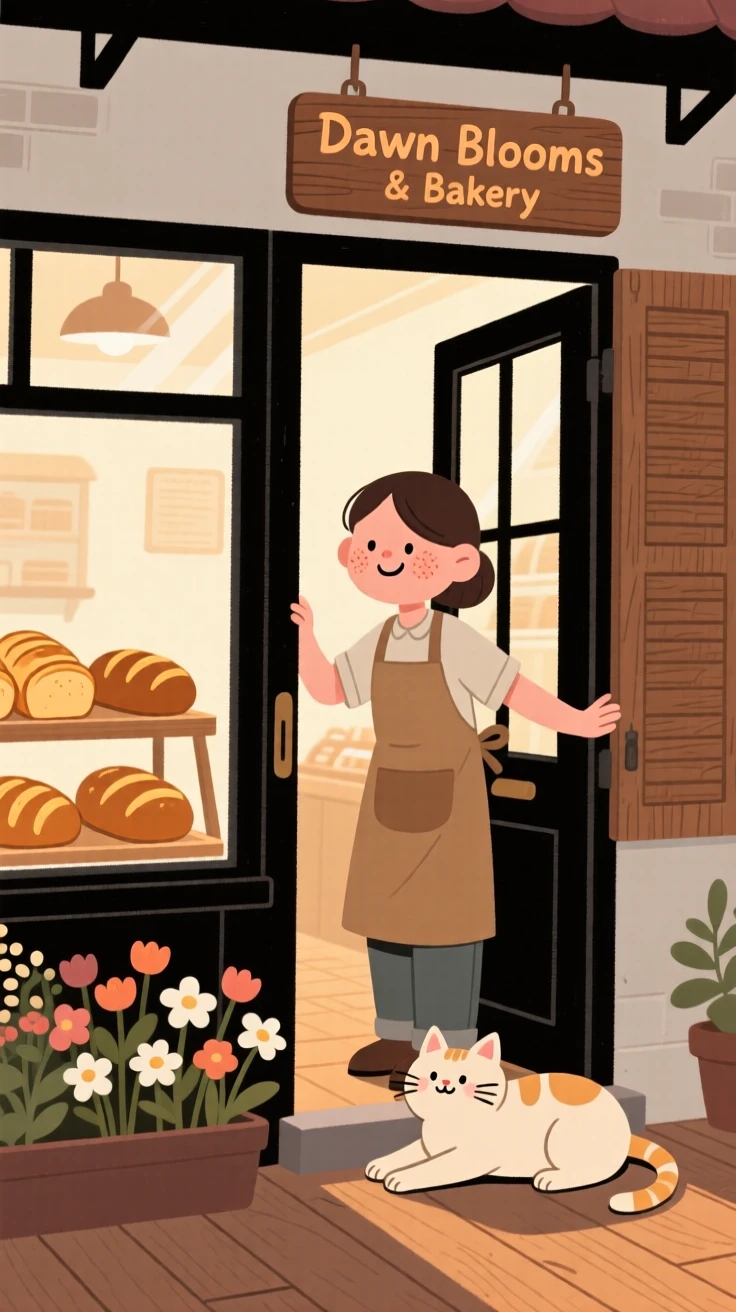 A shopkeeper opens the shutters of a small flower shop at dawn, arranging warm loaves of bread in the window as a cat stretches on the doorstep.