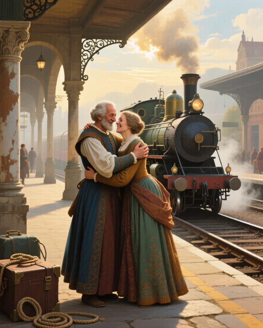 A well-framed scene of two old friends embracing warmly after years apart on a train platform, in bright warm sunshine, in the Renaissance period.