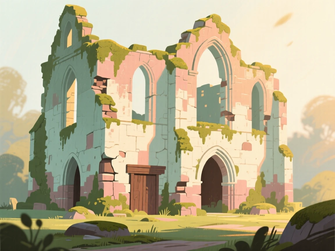 A crumbling abbey ruin bathed in golden afternoon light