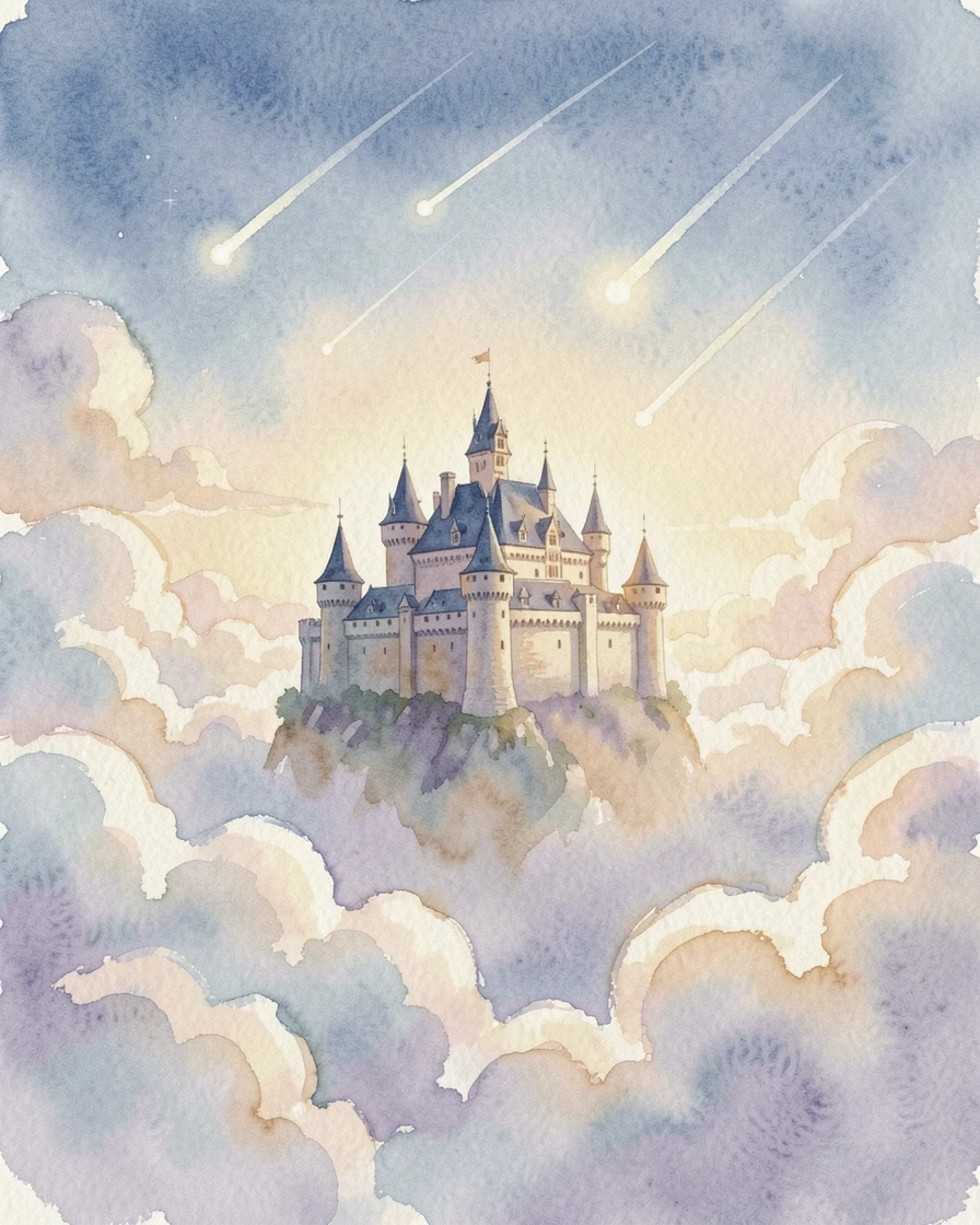 A castle floating among the clouds as shooting stars streak overhead.