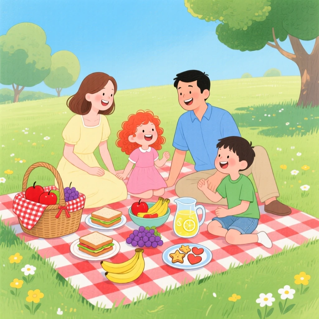 A family picnic spread across a checkered blanket, full of warmth and laughter.