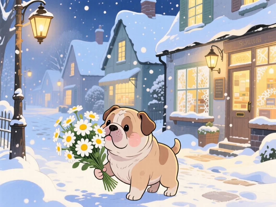 A chubby bulldog puppy sniffing a bouquet of daisies, set in a snowy village street lined with warm lantern light, brimming with cozy comfort.