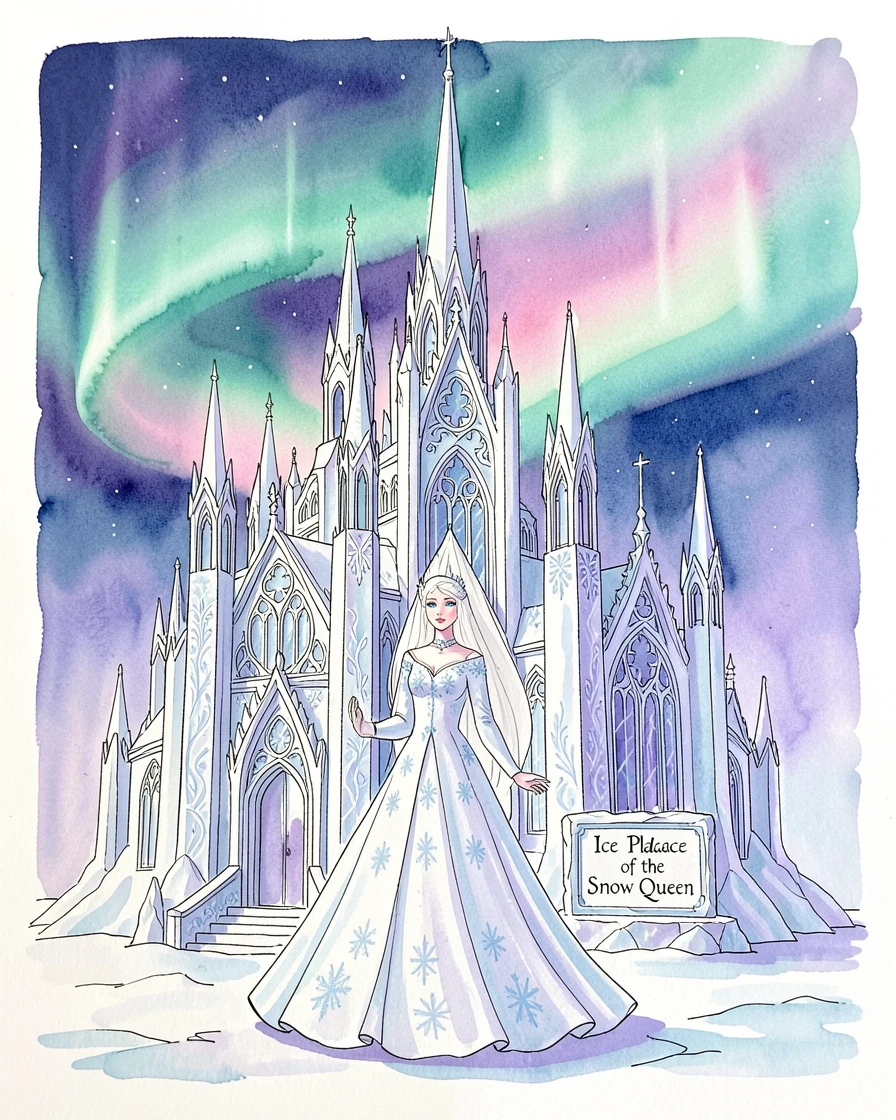A snow queen's ice palace glittering beneath the aurora, frozen spires reaching toward the sky