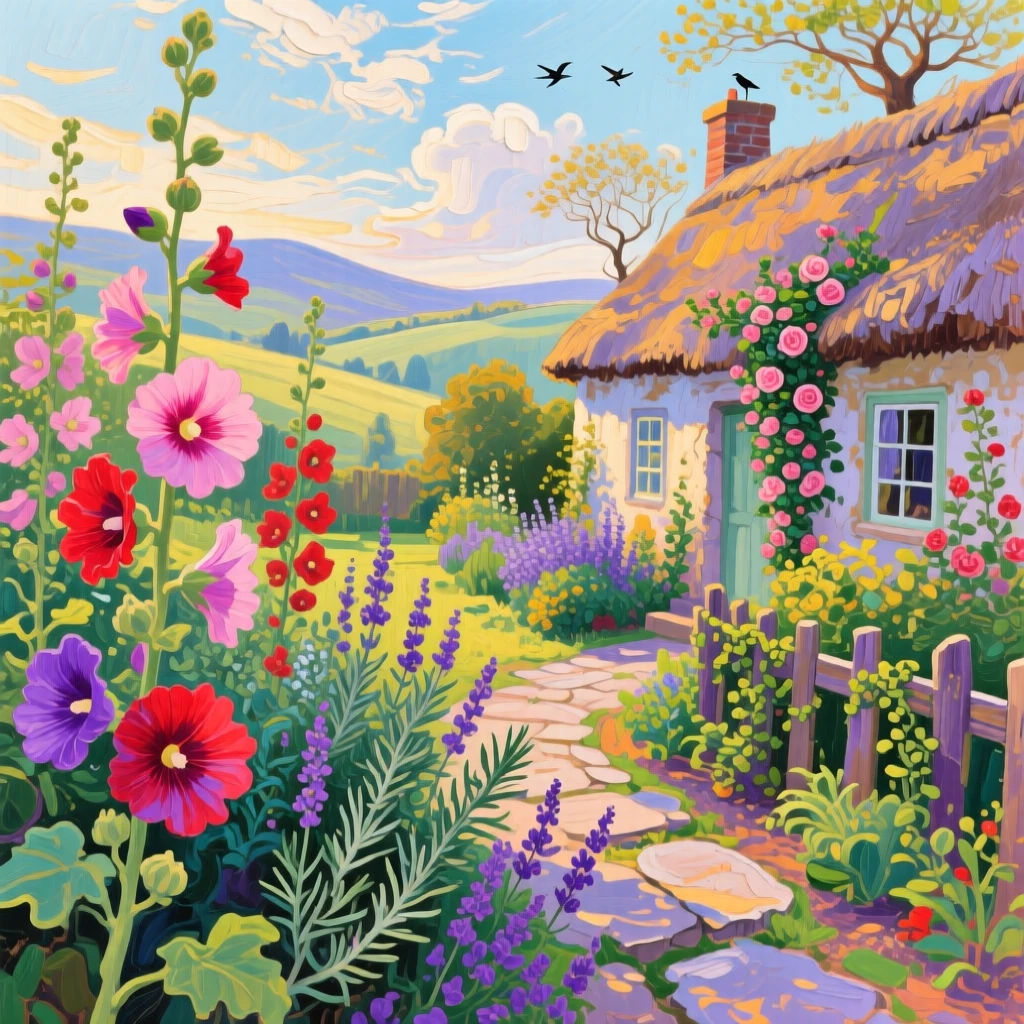 a cottage garden crowded with hollyhocks and herbs, on a peaceful spring afternoon, with layered visual detail from foreground to horizon.