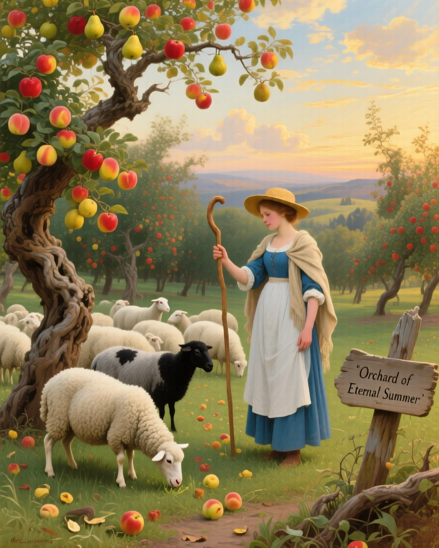 A shepherdess tends her flock across an old orchard heavy with fruit beneath a wide summer sky.