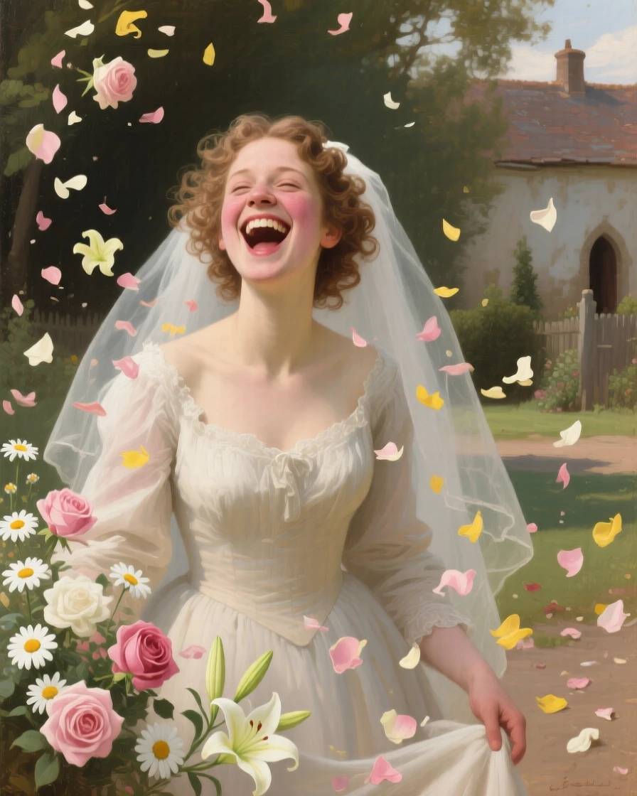 A joyful bride laughing candidly as she is showered with flower petals, with the background softly blurred to keep attention on their face, telling a complete story through a single powerful expression