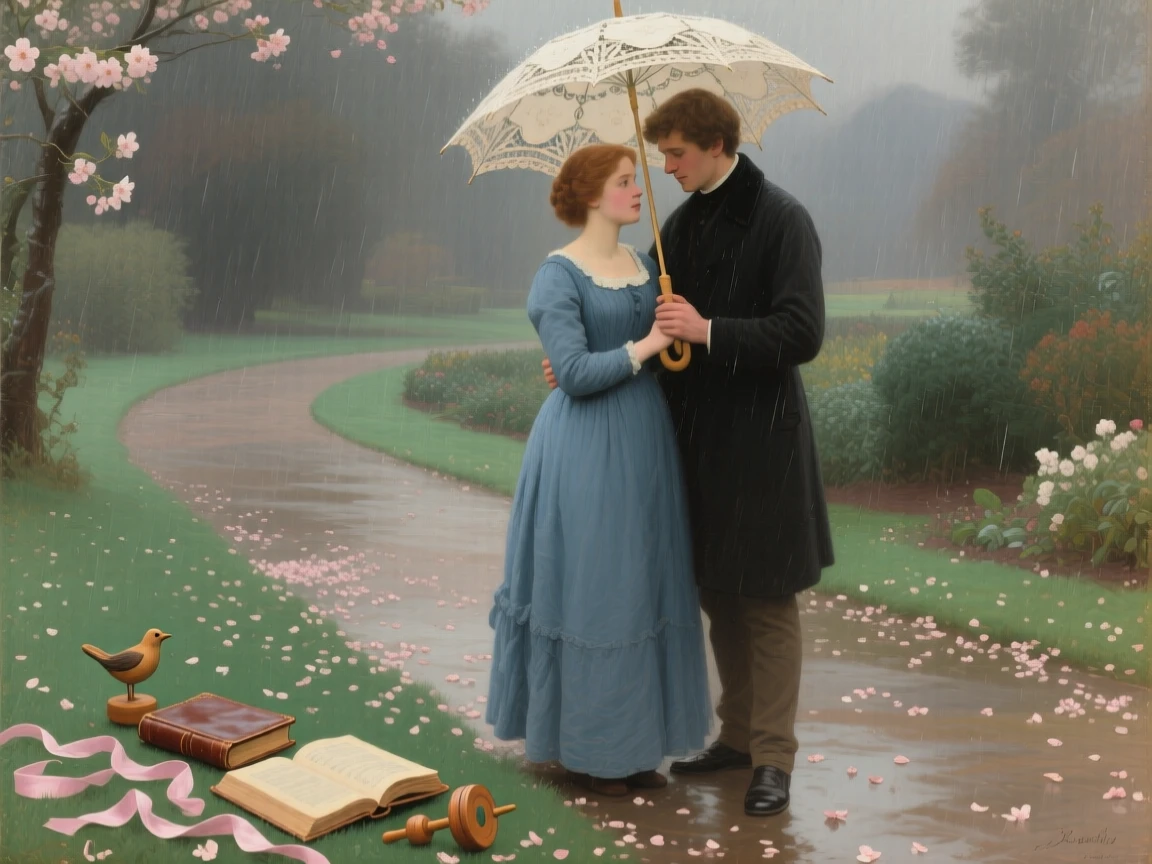 A young couple sharing an umbrella while waiting out a rainstorm in a scene glowing with warmth and quiet devotion, set beside a garden path scattered with fallen blossoms, with toys, ribbons, or a forgotten book scattered nearby; a soft, blurred background keeps the emotional connection in sharp focus, evoking pure, unguarded tenderness and love.