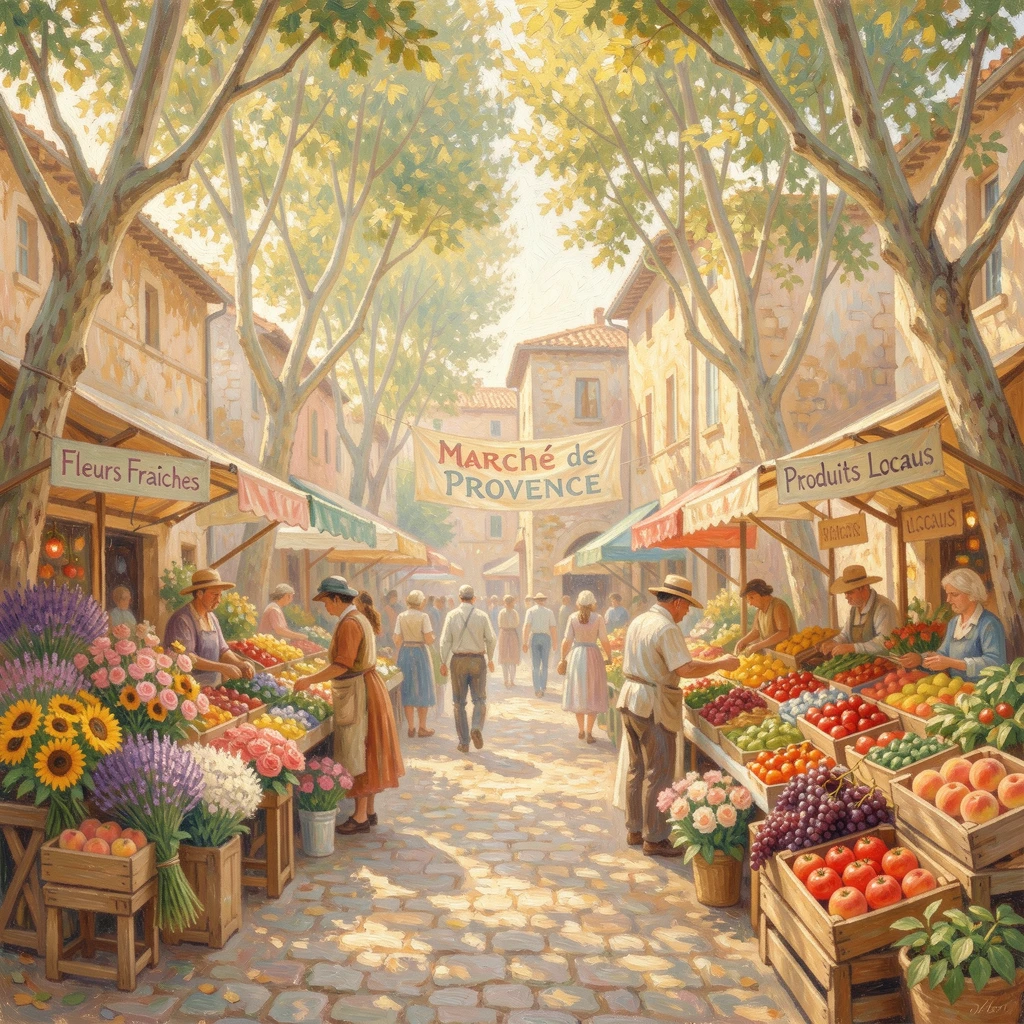 A bustling flower and produce market in Provence beneath plane trees on a sunny square.