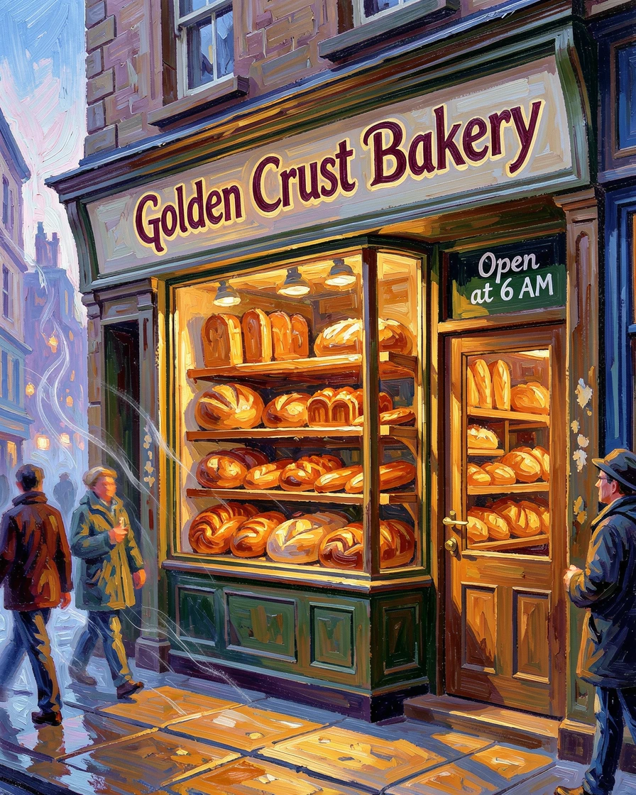 A busy bakery storefront with warm bread displayed in the window at dawn.