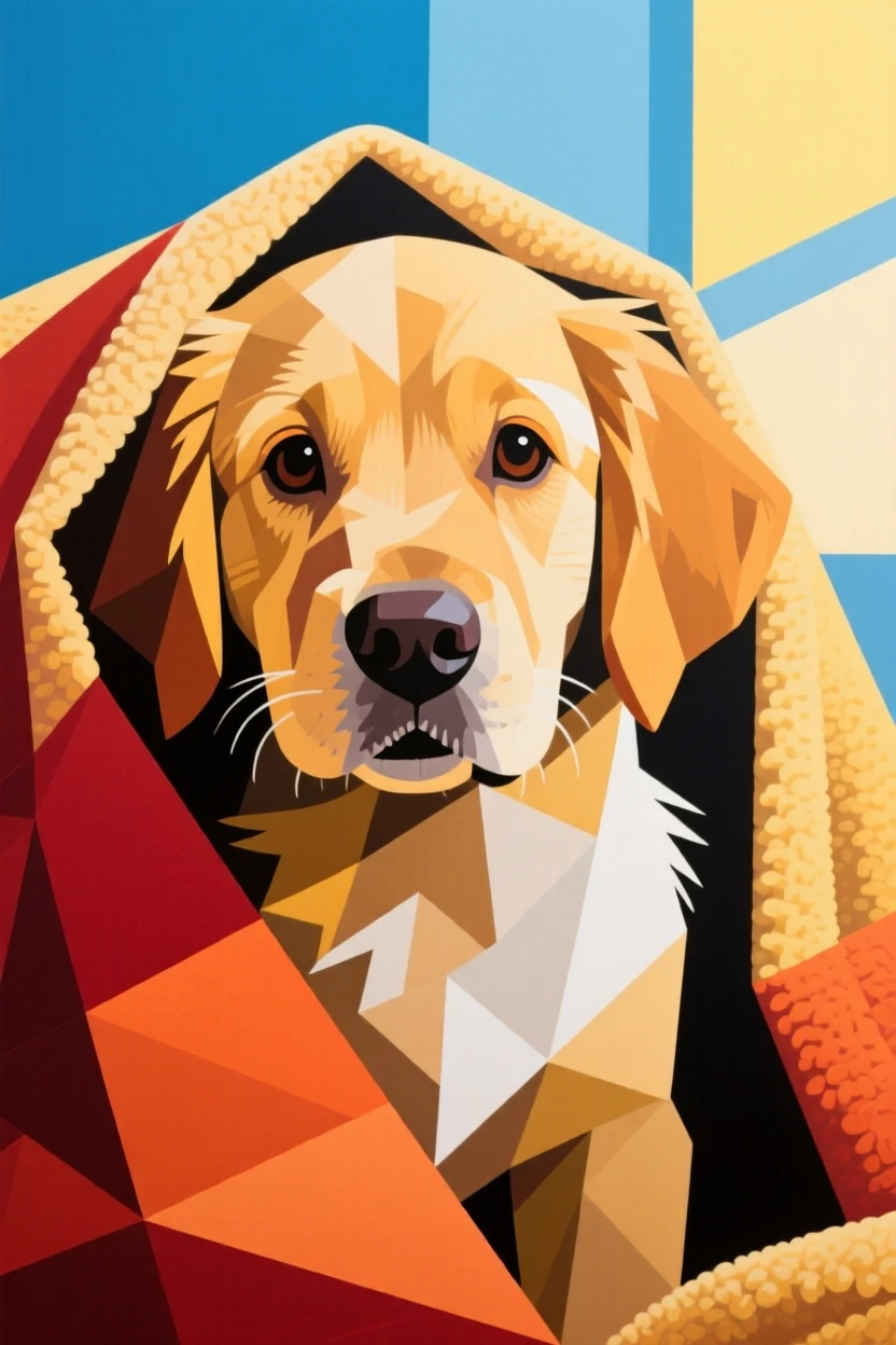 A charming close-up of a golden retriever puppy peeking out from beneath a cozy blanket on a bright afternoon.