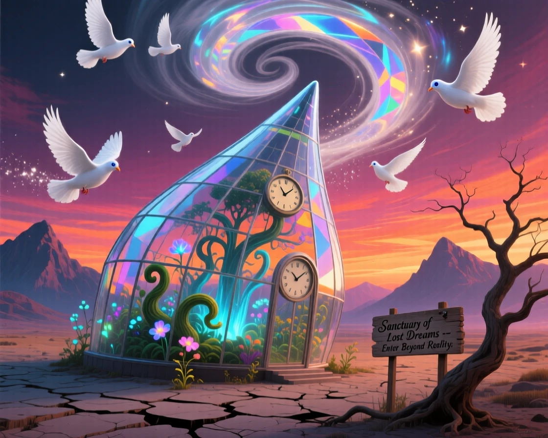 A greenhouse shaped like a giant glass teardrop leans impossibly against the wind, and a spiral of doves circles above it.