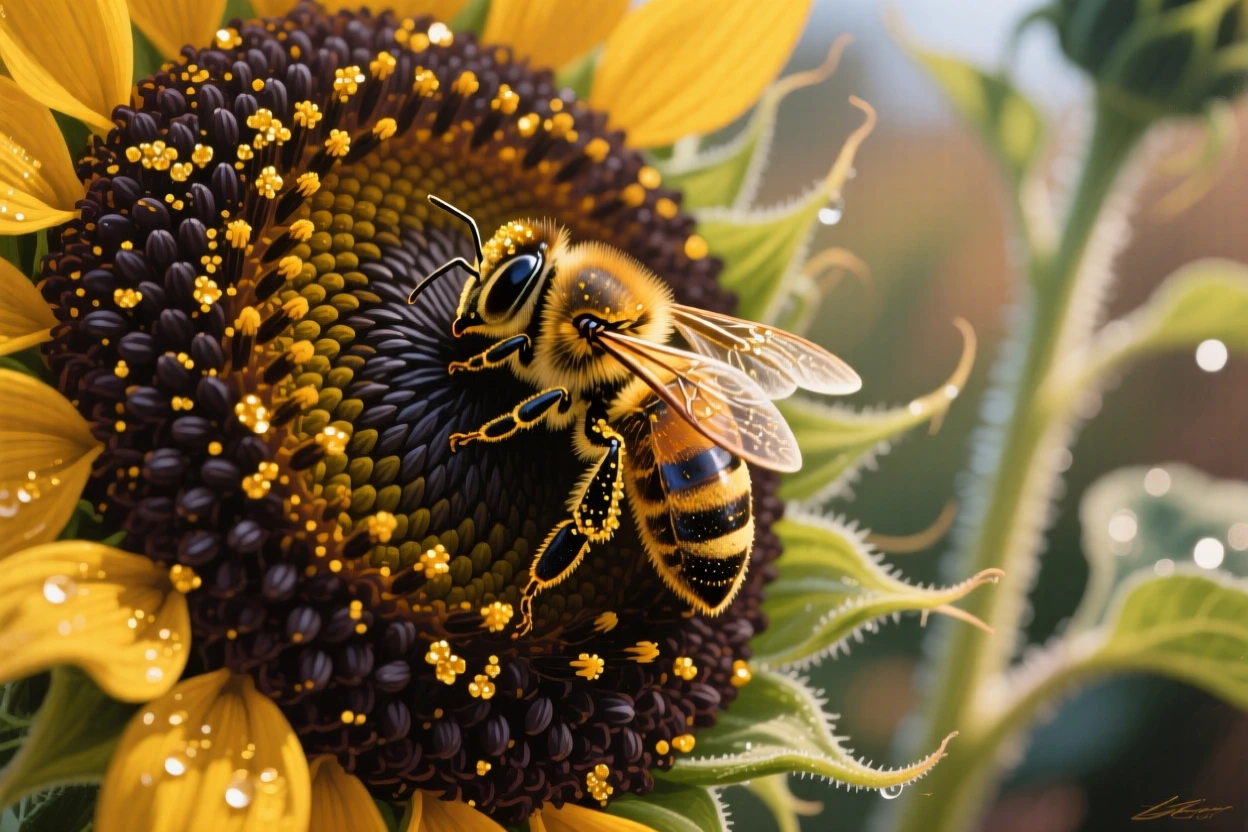 A close-up of a bee covered in golden pollen crawling across a sunflower's dark center, tiny individual seeds visible in perfect spiral patterns, as a light breeze stirs the surrounding vegetation and carries the scent of damp earth.