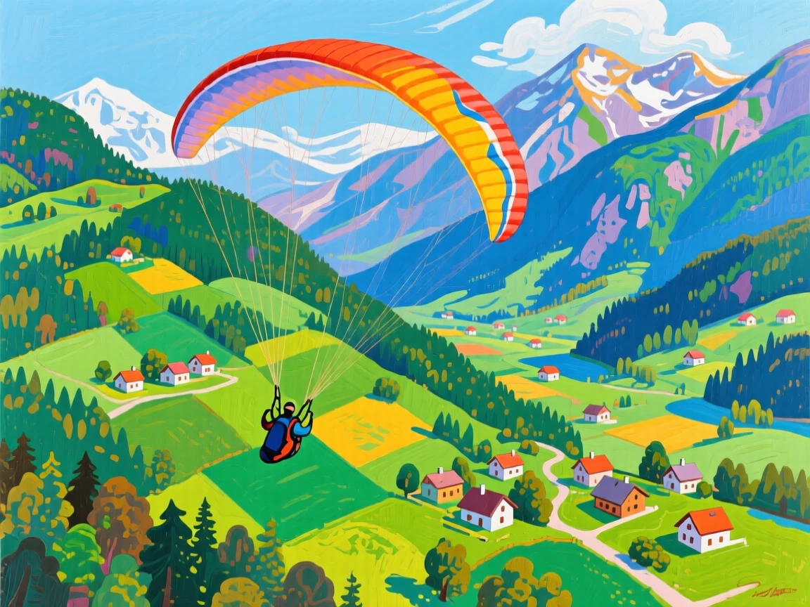 A paraglider soaring above a patchwork of green Alpine valleys and small villages