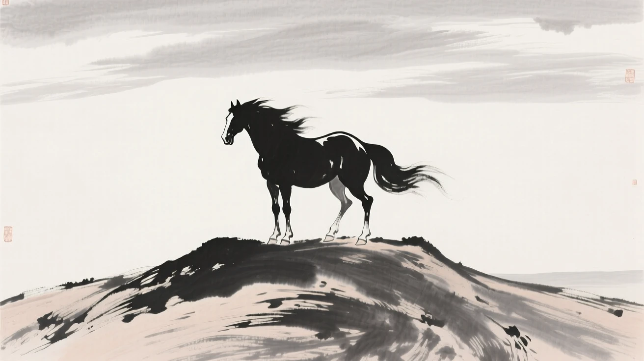A lone horse stands silhouetted atop a windswept hill, beneath a vast open sky.