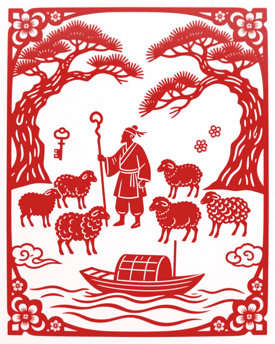 A composition of a shepherd and his flock beneath ancient pine trees, a single boat drifting on the current far below.