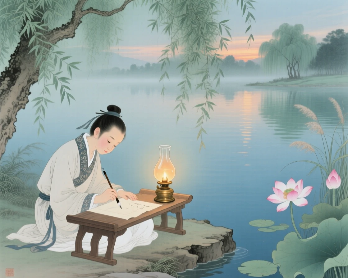 A young apprentice writing a letter home by lamplight at the edge of a quiet lake