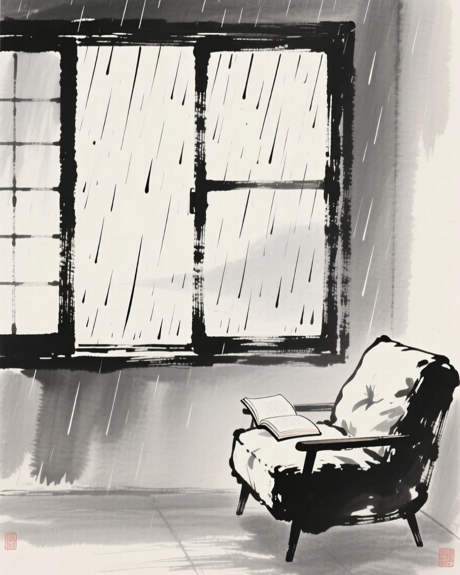 A quiet reading nook beside a rain-streaked window as gentle rain falls in the distance, framed with soft, diffused light throughout, suggesting quiet longing and gentle stillness.