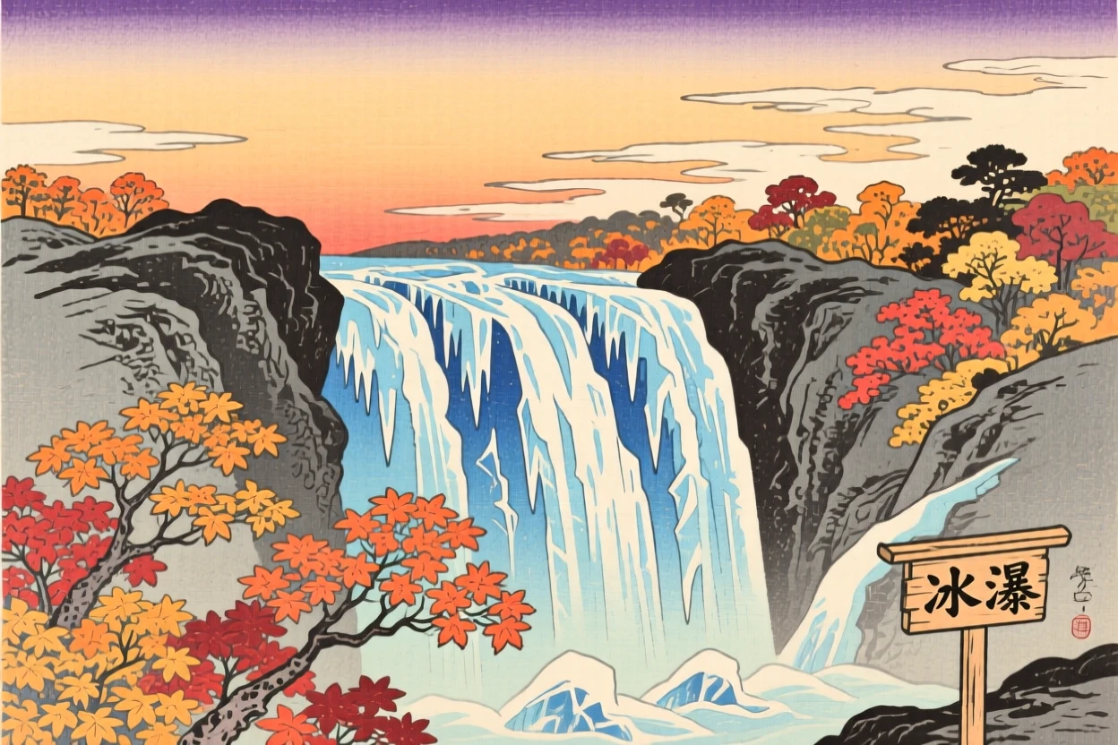 A frozen waterfall glittering with ice under a wide open autumn sky.