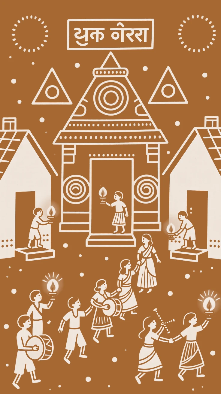 A temple procession celebrated as families light lamps outside their homes.