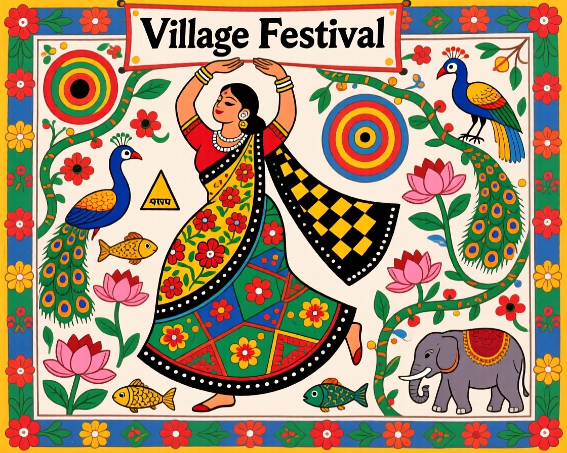 A dancer in mid-spin, arms raised, performing at a village festival.