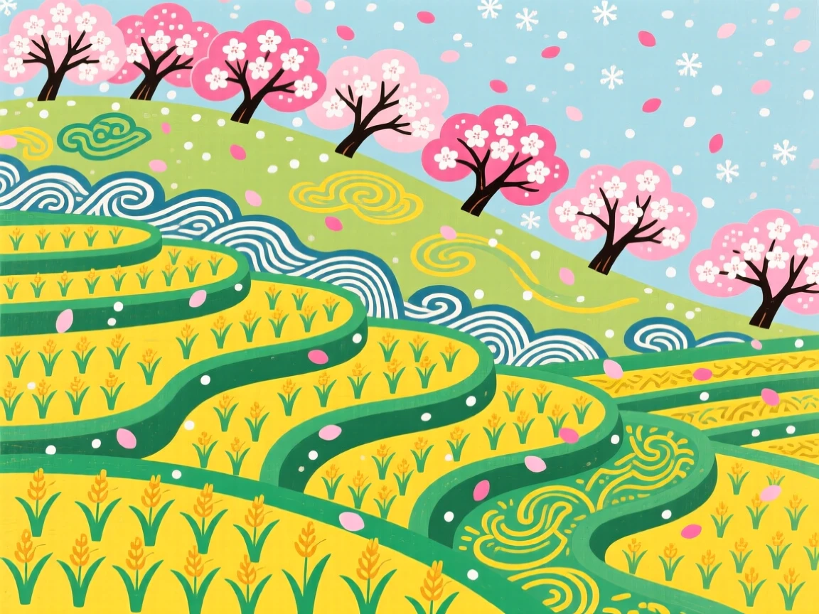 A sweeping view of terraced rice fields climbing a hillside as cherry blossoms fall like snow.