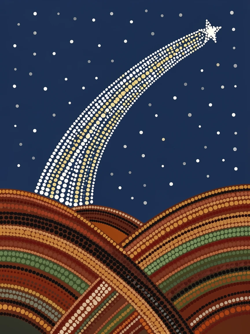 A shooting star crossing a clear winter sky over rolling hills