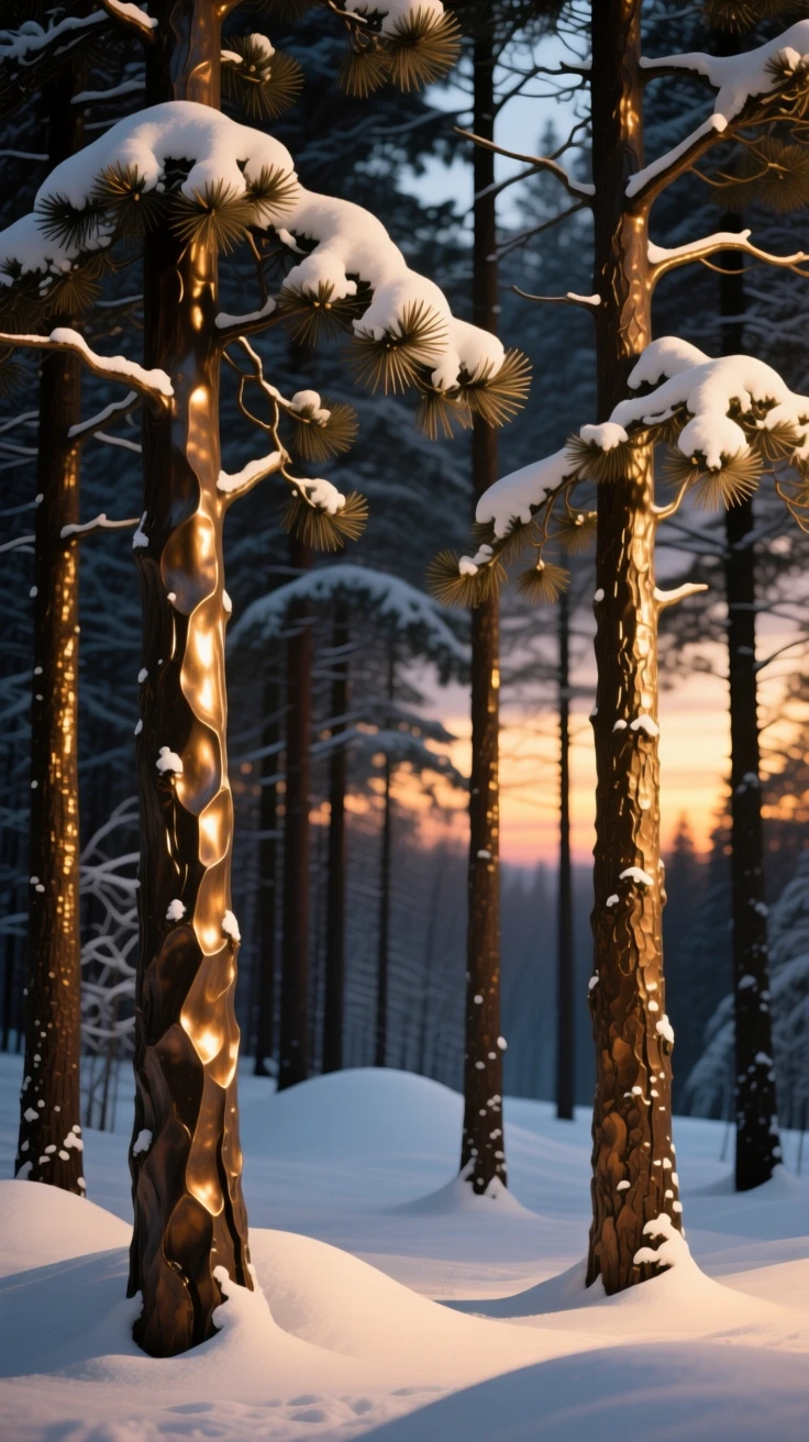 A quiet snow-covered pine forest at twilight, bathed in the warm hues of golden hour, offering a breathtaking sense of place