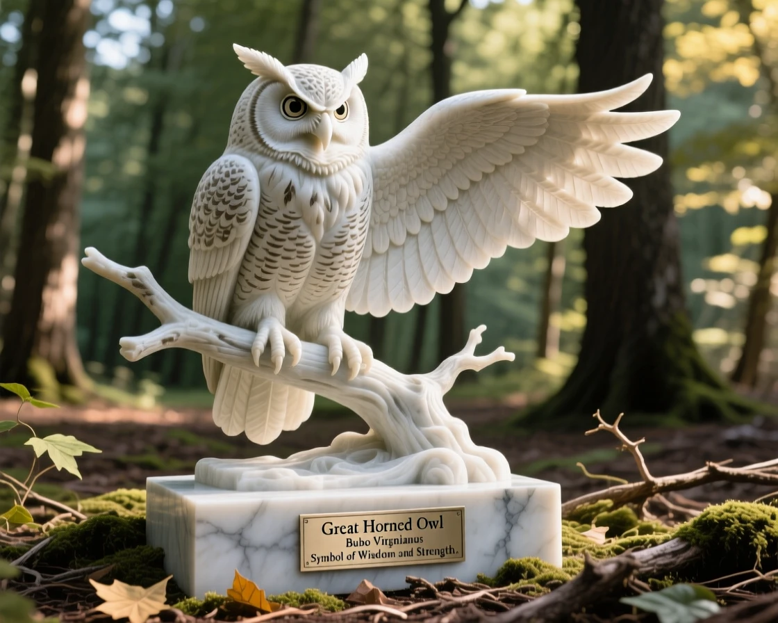 A great horned owl captured in a powerful, dignified pose in a sunlit clearing