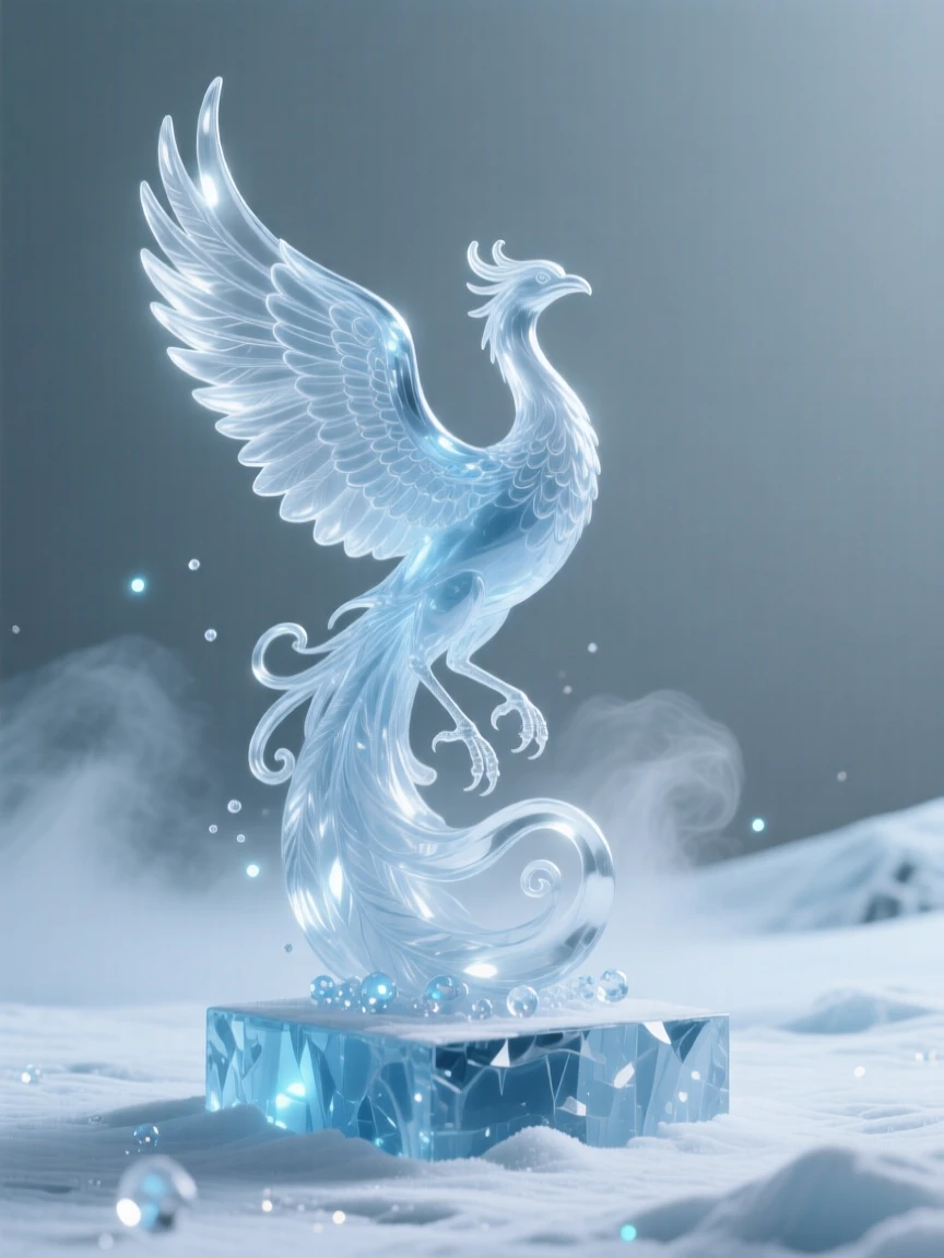 A majestic ice phoenix over a frozen tundra surrounded by softly glowing particles and gentle mist, wide cinematic composition, radiating magic and serenity.