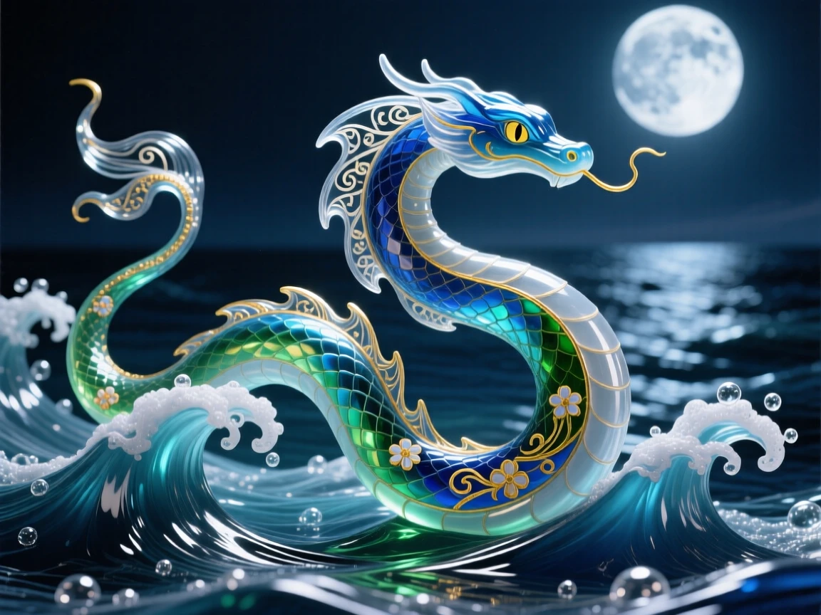 A sea serpent gracefully arcing through moonlit ocean waves, mysterious and majestic.