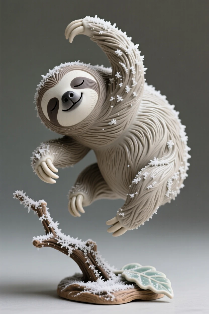 A napping sloth caught in a playful leap, its coat dusted with a light frost, stirring a feeling of gentle wonder.