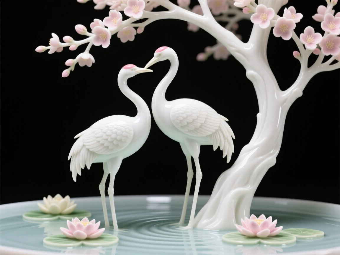 A pair of cranes nuzzling gently beneath a blossoming tree beside a lily-covered pond.