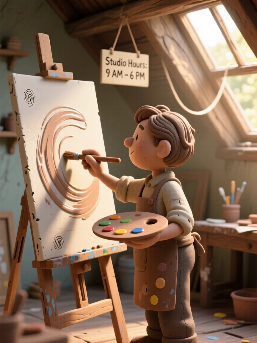 A painter working on a large canvas in a sunlit attic studio