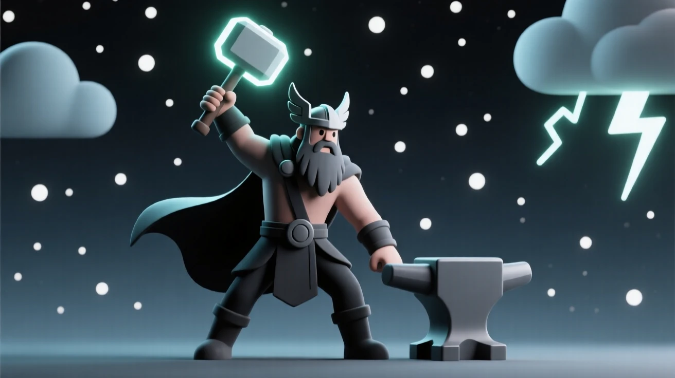 A mighty Norse god strikes an anvil with a glowing hammer, thunder rumbling across a starry sky above.
