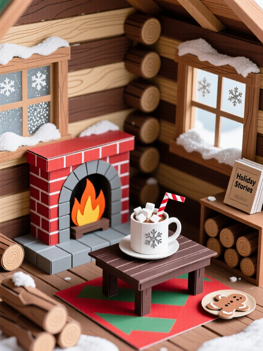 A cozy winter cabin scene with hot cocoa, a roaring fireplace, and snow piling gently outside frosted windows, evoking peaceful holiday retreat.