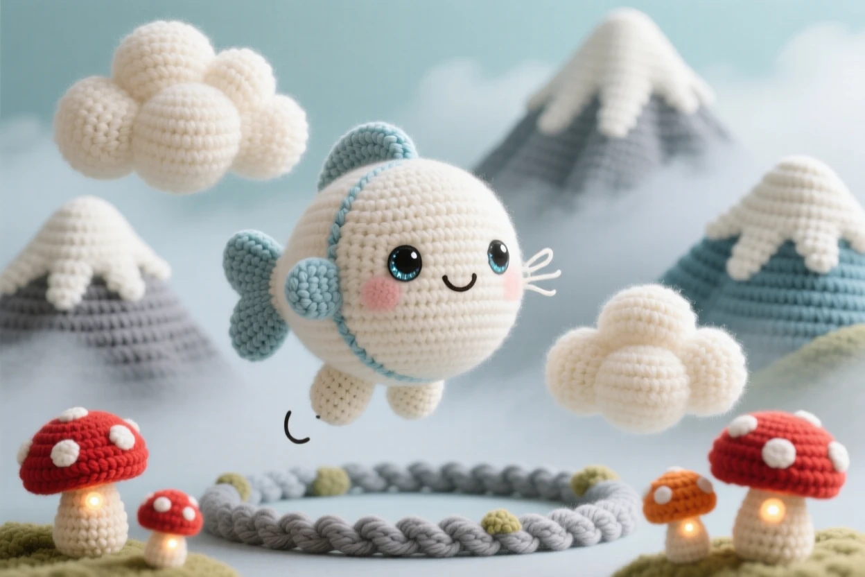 a round baby cloud fish, swimming through the open sky, leaping playfully between two clouds, within a misty mountain peak wrapped in soft clouds, near a ring of softly glowing toadstools, radiating a cozy, storybook enchantment.