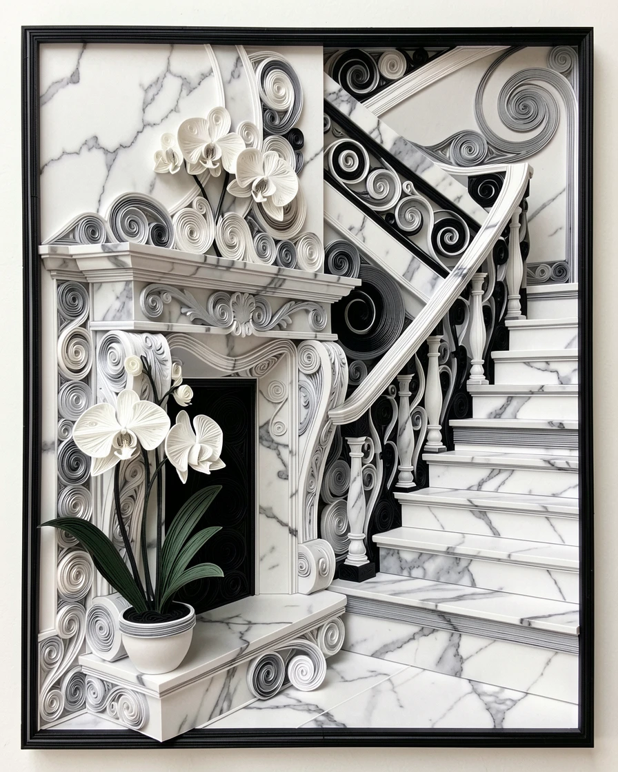 A sophisticated luxury scene of a marble fireplace mantel adorned with fresh orchids beside a sweeping marble staircase, in classic monochrome black and white, framed with a clean, minimal, high-end aesthetic.