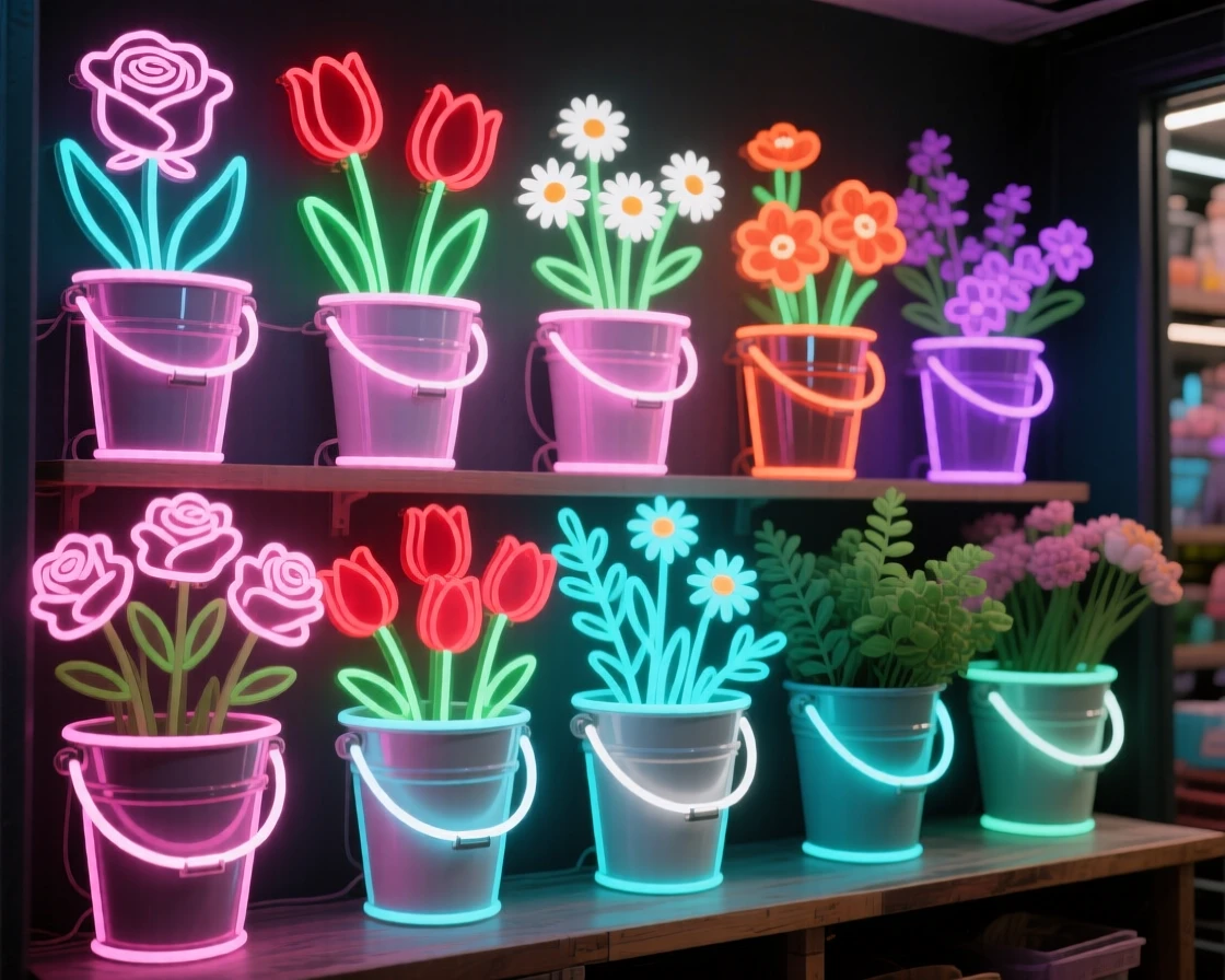A florist's shop filled with buckets of fresh cut flowers.