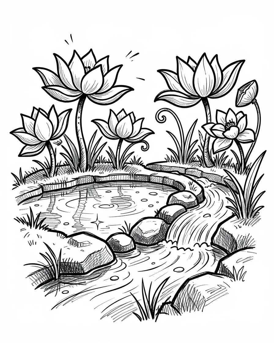 A pond edged with lotus flowers beside a babbling brook.